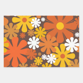 レトロ60s 70s花柄ブラウンとオレンジ ラッピングペーパーシート