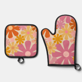 レトロ60s 70s Groovyフローラルパターン 鍋つかみ&鍋敷きセット