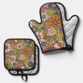 レトロ60s 70s Groovyフローラ 鍋つかみ&鍋敷きセット (正面/裏面)