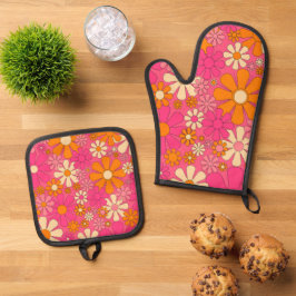 レトロ60s 70s Groovyホットピンク花柄 鍋つかみ&鍋敷きセット