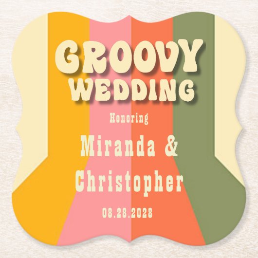 レトロ60s 70s Hippie Groovyストライプ結婚のカスタム ペーパーコースター (正面)