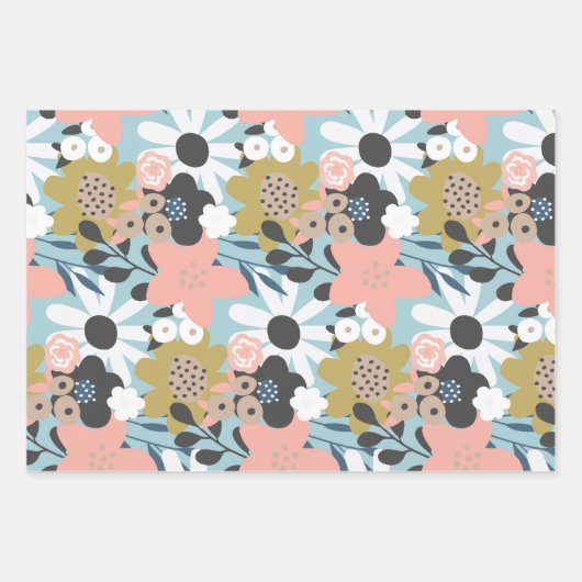 レトロ60s Groovy ファンキーフローラ花模様 ラッピングペーパーシート (正面2)