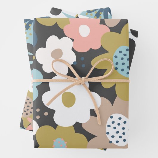レトロ60s Groovy ファンキーフローラ花模様 ラッピングペーパーシート (インサイチュ)