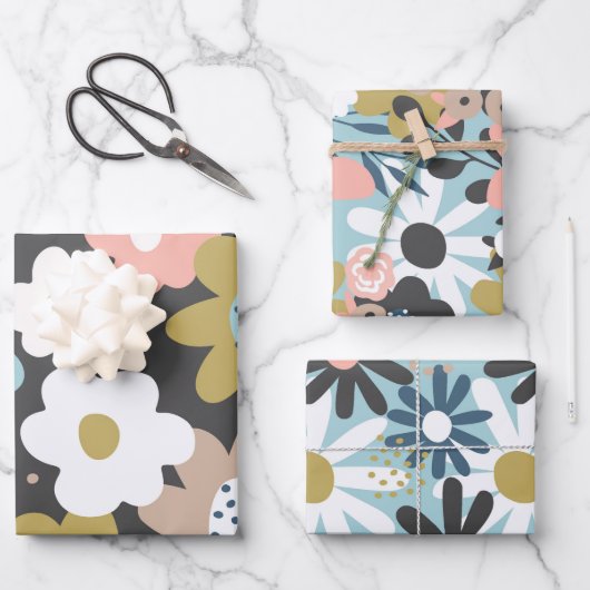 レトロ60s Groovy ファンキーフローラ花模様 ラッピングペーパーシート (正面)