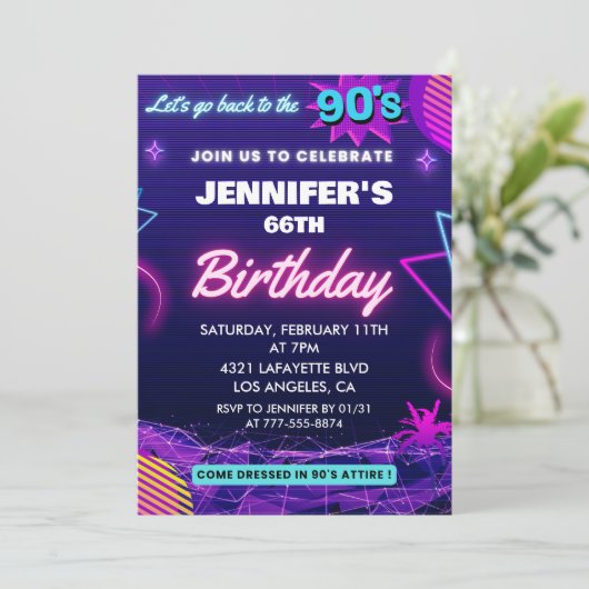 レトロ66歳の誕生日の招待状90年代に戻る 招待状 (スタンド正面)