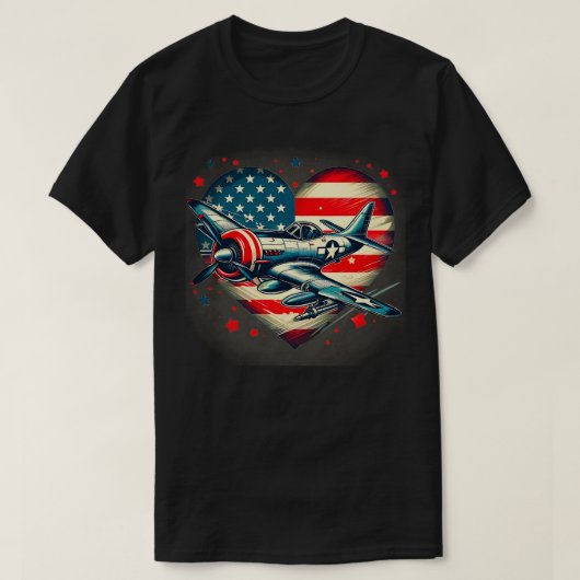 レトロ7月4日ジェット戦闘機米国国旗 Tシャツ (デザイン正面)