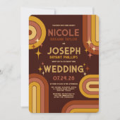 レトロ70のはっきりしたタイポグラフィレインボー結婚アー 招待状 (正面)