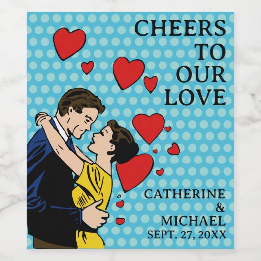 レトロ70のアートポップ・アートの漫画ブックロマンチックなおもしろい結婚ズ ワインラベル (シングルラベル)