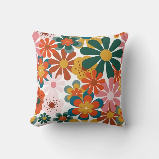 レトロ70のカラフルヒッピー花 クッション (正面)