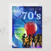 レトロ70のディスコボール&バルーンブルー誕生日 招待状 (正面)