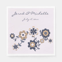 レトロ70のネイビー青金ゴールドフラワーパワー