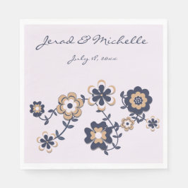 レトロ70のネイビー青金ゴールドフラワーパワー スタンダードランチョンナプキン