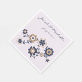 レトロ70のネイビー青金ゴールドフラワーパワー スタンダードランチョンナプキン (角)