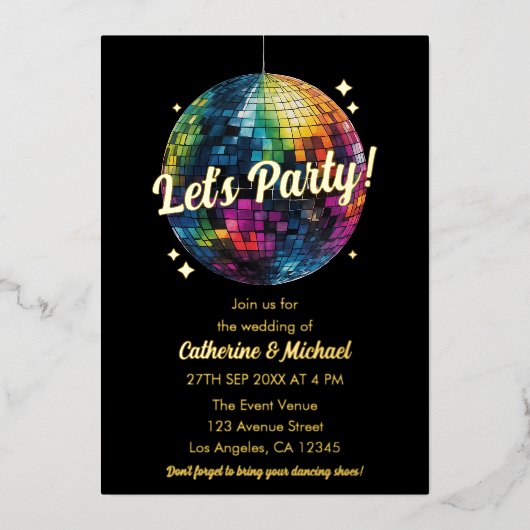 レトロ70のパーティーディスコボールスパークルグラム結婚ズ 箔招待状 (正面)
