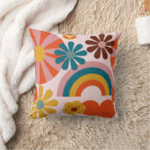 レトロ70のピンクのフローラ、虹とハートのモチーフ クッション (ブランケット)