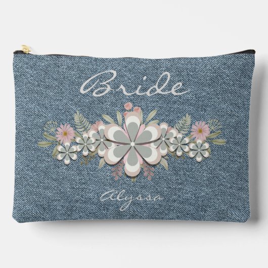 レトロ70のフラワーパワーグリーンホワイト花嫁 アクセサリーポーチ (正面)