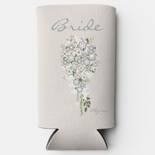 レトロ70のフラワーパワーグリーンホワイト花嫁 スリム缶クーラー (正面)