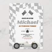 レトロ70のレースカーでレース任意の年齢誕生日 招待状 (正面/裏面)