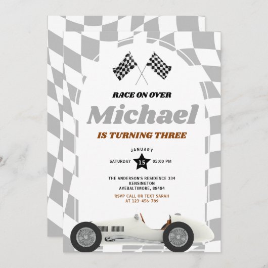 レトロ70のレースカーでレース任意の年齢誕生日 招待状 (正面/裏面)