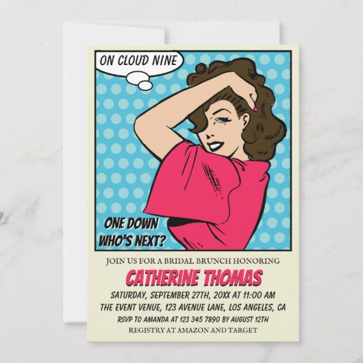 レトロ70の漫画ブックアーポップ・アートのトおもしろいブライダルシャワー 招待状 (正面)