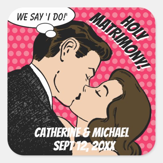レトロ70の漫画ブックアーポップ・アートのトロマンチックな結婚おもしろい スクエアシール (正面)