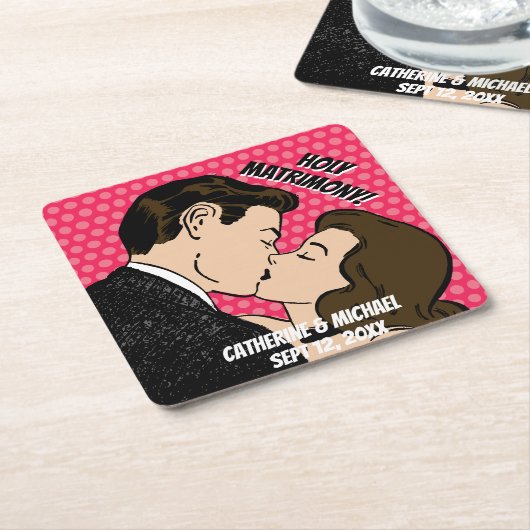 レトロ70の漫画ブックアーポップ・アートのトロマンチックな結婚おもしろい スクエアペーパーコースター (アングル)