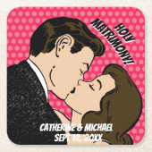 レトロ70の漫画ブックアーポップ・アートのトロマンチックな結婚おもしろい スクエアペーパーコースター (正面)