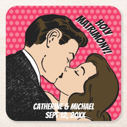 レトロ70の漫画ブックアーポップ・アートのトロマンチックな結婚おもしろい スクエアペーパーコースター (正面)