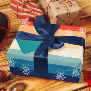 レトロ70ストライプsスノーフレーククリスマス ラッピングペーパー