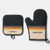 レトロ70ストライプsパーソナライズされた 鍋つかみ&鍋敷きセット (正面)