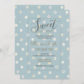 レトロ70ズホワイトデイジーフラワーズボホブルーデザイン 招待状 (正面/裏面)