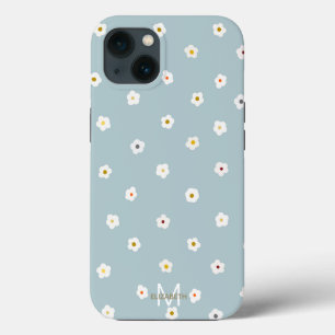 レトロ70ズホワイトデイジーフラワーズボホブルーデザイン iPhone 13ケース