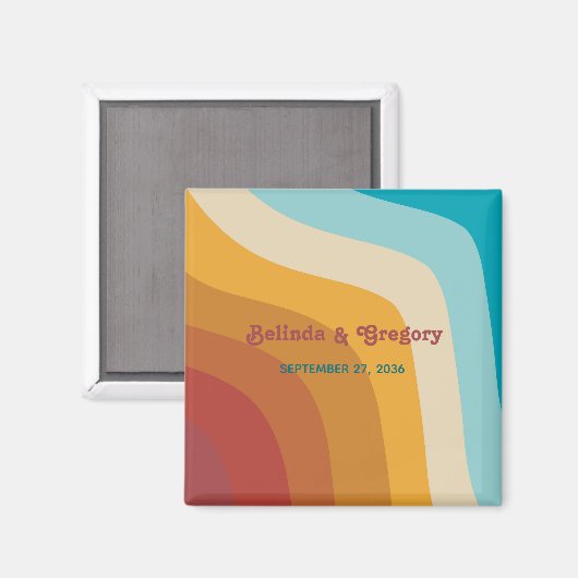 レトロ70ズレインボーカラフルウェーブズ結婚式の引き出物 マグネット (正面/裏面)