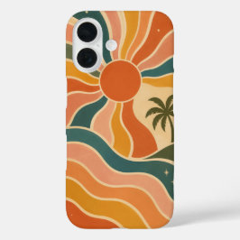 レトロ70年代の夕日と波とヤシの木の美意識 iPhone 16ケース