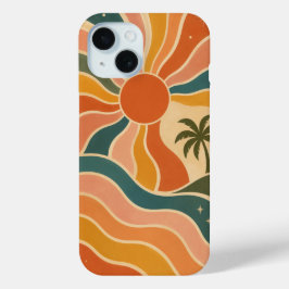 レトロ70年代の夕日と波とヤシの木の美意識 iPhone 15ケース