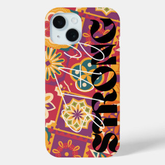 レトロ70年代の花柄パッチワーク ステイ ストロングを抱きしめる iPhone 15ケース