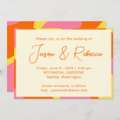 レトロ70年代オレンジ色の黄色いピンクすべて結婚の 招待状 (正面/裏面)