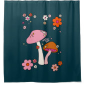 レトロ70年代キノコと花ネイビーブルー シャワーカーテン (正面)