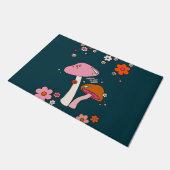 レトロ70年代キノコと花ネイビーブルー ドアマット (アングル)