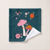 レトロ70年代キノコと花ネイビーブルー バスタオルセット (ウォッシュタオル)