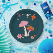 レトロ70年代キノコと花ネイビーブルー ペーパープレート (パーティー)