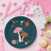 レトロ70年代キノコと花ネイビーブルー ペーパープレート (パーティー)