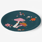 レトロ70年代キノコと花ネイビーブルー ペーパープレート (アングル)