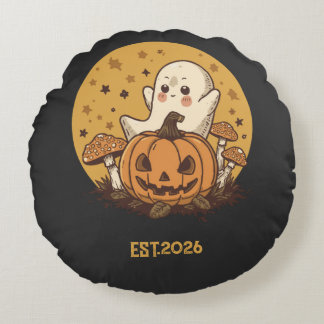 レトロ70年代グルーヴィーな幽霊のハロウィン ミッドセンチュリー・モダン ラウンドクッション