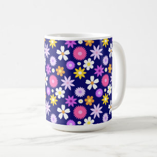 レトロ70年代スタイルの花の模様(濃い青) コーヒーマグカップ