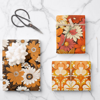 レトロ70年代スタイル花柄 ラッピングペーパーシート