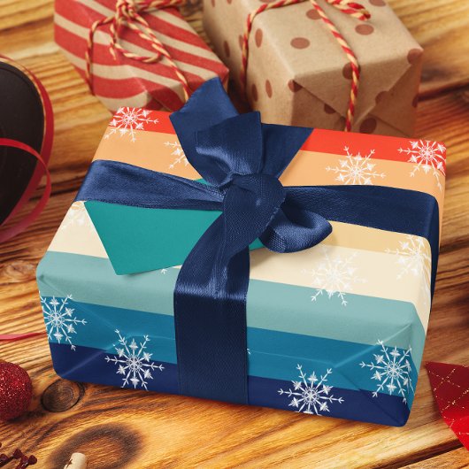 レトロ70年代ストライプスノーフレーククリスマス ラッピングペーパー