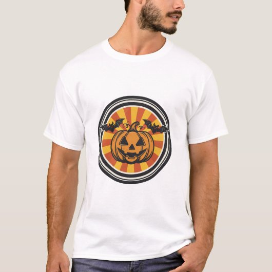 レトロ70年代ハロウィン パンプキン コウモリ バッジ Tシャツ (正面)