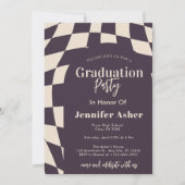 レトロ70年代パープル市松模様にアーチ写真卒業 招待状 (正面)