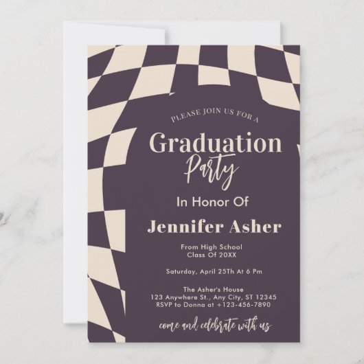 レトロ70年代パープル市松模様にアーチ写真卒業 招待状 (正面)
